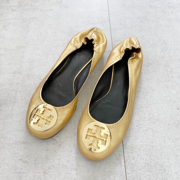Tory Burch Shoes - Tory Burch Miller Gold Leather Ballet Flats
